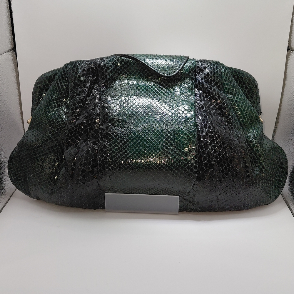 Zagliani Python Snakeskin Green Black Clutch Vgc! - image 3